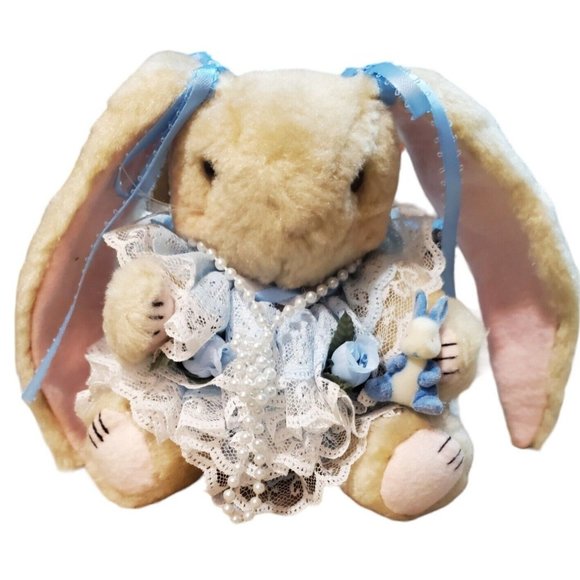 Vintage Bunny Rabbit Stuffed Animal Plush Blue 7" Jointed with Outfit Easter - Picture 2 of 13